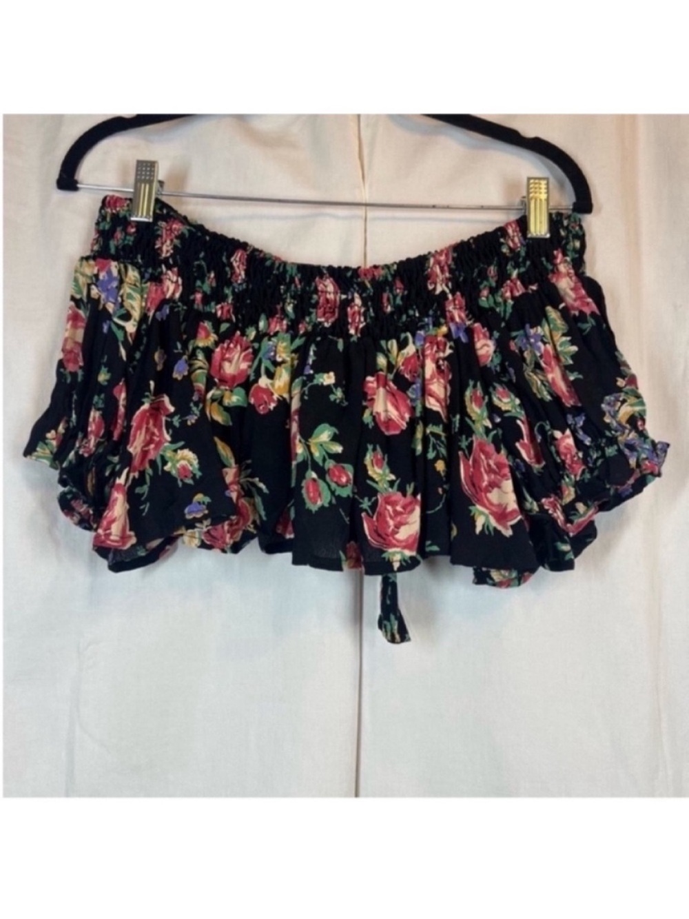 Free people floral rose cottage smocked off shoulder cropped blouse bow tie